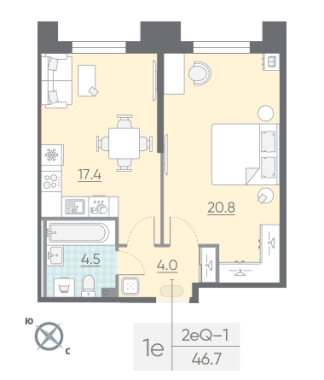 1-комнатная квартира  №476 в Лисичанская, 22: 46.7 м², этаж 2 - купить в Санкт-Петербурге