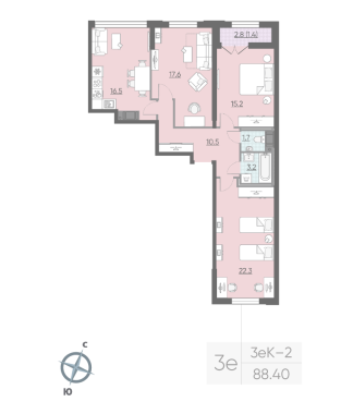 3-комнатная квартира  №427 в Цивилизация на Неве: 88.4 м², этаж 15 - купить в Санкт-Петербурге