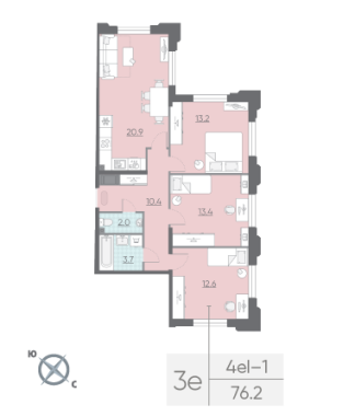 3-комнатная квартира  №16 в Миръ: 76.2 м², этаж 3 - купить в Санкт-Петербурге