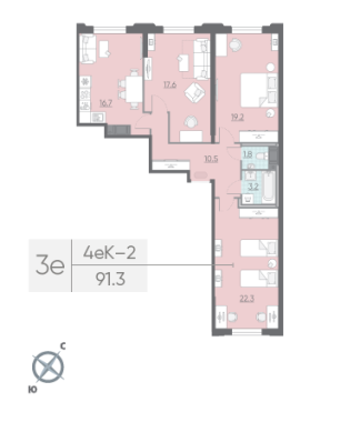 3-комнатная квартира  №381 в Миръ: 91.3 м², этаж 4 - купить в Санкт-Петербурге
