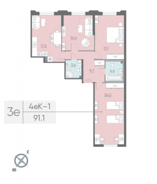3-комнатная квартира  №305 в Миръ: 91.1 м², этаж 2 - купить в Санкт-Петербурге