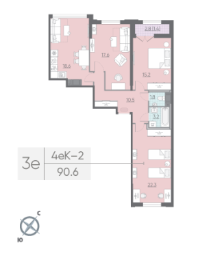 3-комнатная квартира  №419 в Цивилизация на Неве: 90.6 м², этаж 13 - купить в Санкт-Петербурге