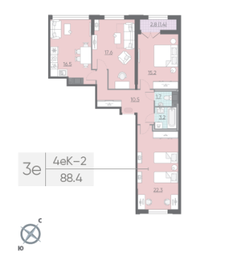 3-комнатная квартира  №423 в Цивилизация на Неве: 88.4 м², этаж 14 - купить в Санкт-Петербурге