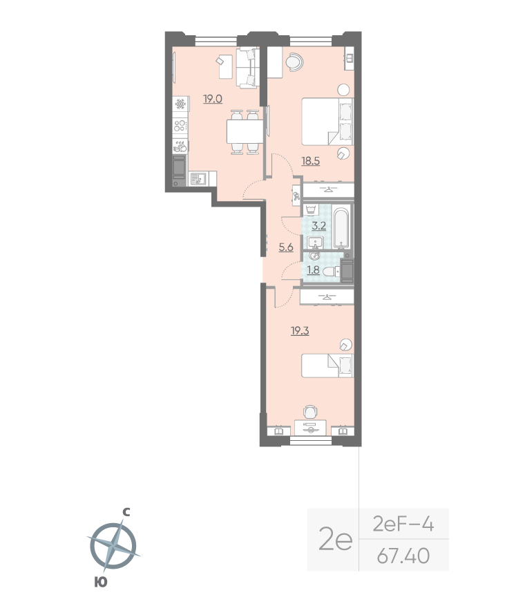2-комнатная квартира  №249 в Лисичанская, 22: 67.4 м², этаж 5 - купить в Санкт-Петербурге