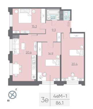 3-комнатная квартира  №1061 в Цивилизация на Неве: 86.1 м², этаж 3 - купить в Санкт-Петербурге