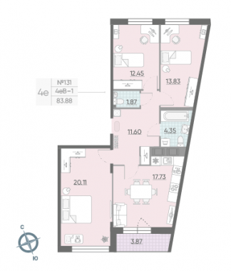 3-комнатная квартира  №131 в Морская набережная.SeaView I очередь: 84.1 м², этаж 14 - купить в Санкт-Петербурге