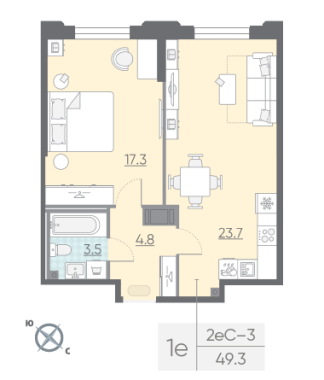 1-комнатная квартира  №19 в Цивилизация на Неве: 49.3 м², этаж 3 - купить в Санкт-Петербурге