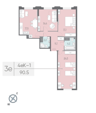 3-комнатная квартира  №317 в Миръ: 90.5 м², этаж 4 - купить в Санкт-Петербурге