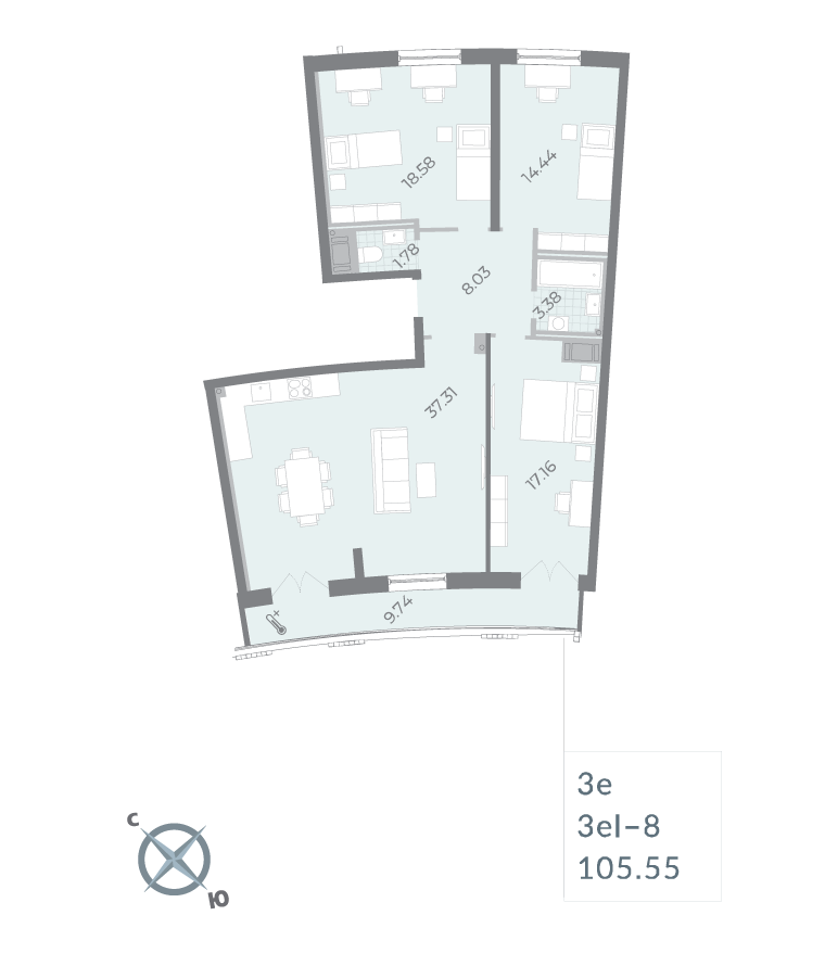 3-комнатная квартира  №102 в Морская набережная.SeaView II очередь: 105.55 м², этаж 16 - купить в Санкт-Петербурге