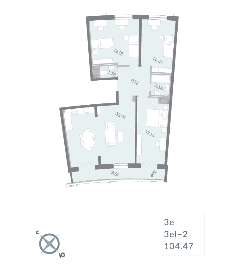 3-комнатная квартира  №248 в Морская набережная.SeaView II очередь: 104.47 м², этаж 16 - купить в Санкт-Петербурге