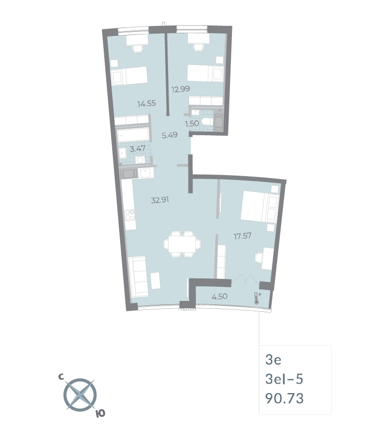 3-комнатная квартира  №145 в Морская набережная.SeaView II очередь: 90.73 м², этаж 16 - купить в Санкт-Петербурге