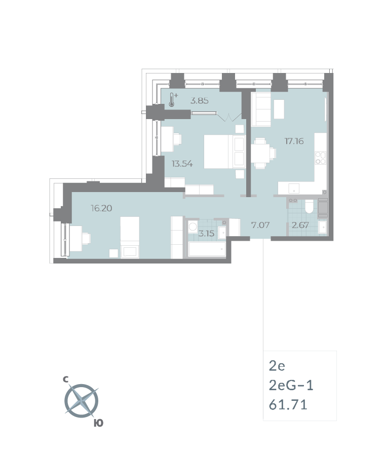 2-комнатная квартира  №133 в Морская набережная.SeaView II очередь: 61.71 м², этаж 16 - купить в Санкт-Петербурге