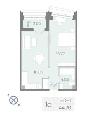 1-комнатная квартира  №138 в Морская набережная.SeaView II очередь: 44.7 м², этаж 17 - купить в Санкт-Петербурге