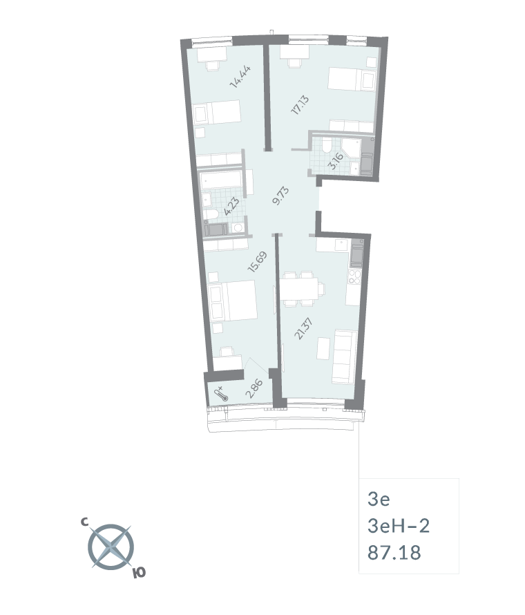 2-комнатная квартира  №37 в Морская набережная.SeaView II очередь: 89.74 м², этаж 14 - купить в Санкт-Петербурге