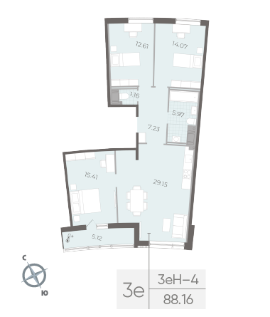 2-комнатная квартира  №151 в Морская набережная.SeaView II очередь: 88.16 м², этаж 14 - купить в Санкт-Петербурге