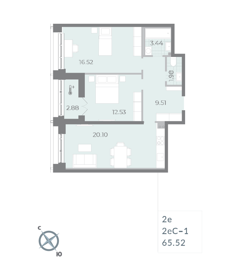 2-комнатная квартира  №134 в Морская набережная.SeaView II очередь: 65.52 м², этаж 16 - купить в Санкт-Петербурге