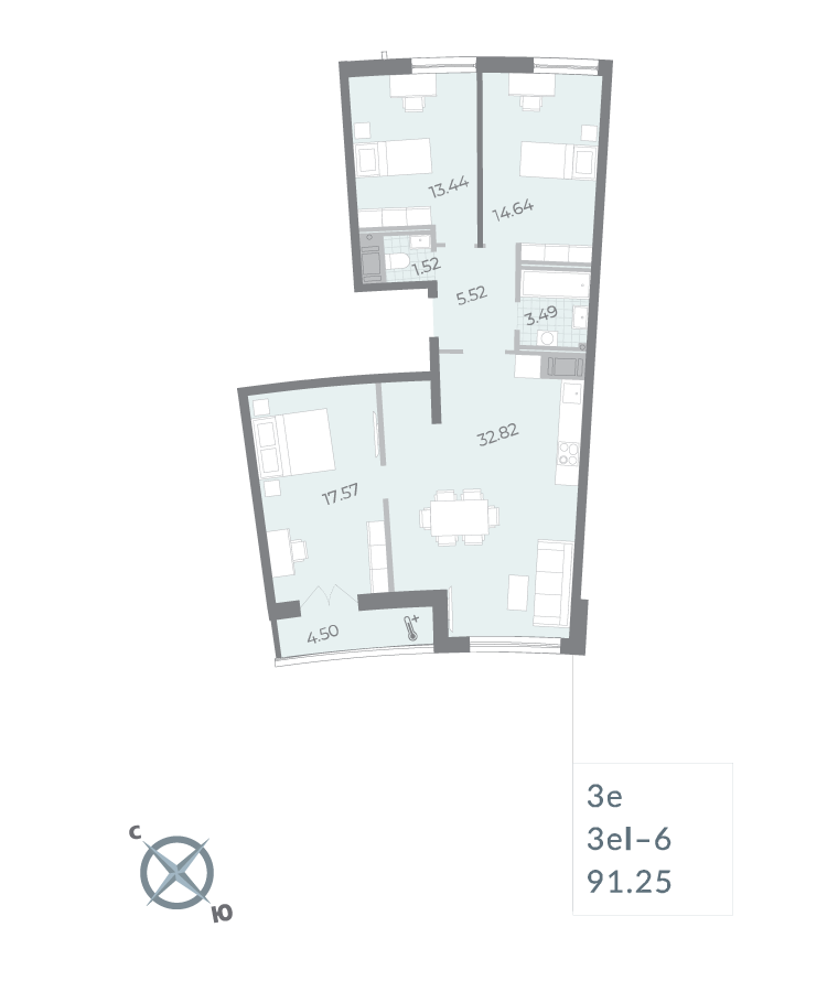 3-комнатная квартира  №146 в Миръ: 91.25 м², этаж 16 - купить в Санкт-Петербурге