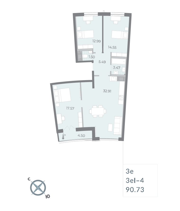 2-комнатная квартира  №190 в Морская набережная.SeaView II очередь: 90.73 м², этаж 9 - купить в Санкт-Петербурге