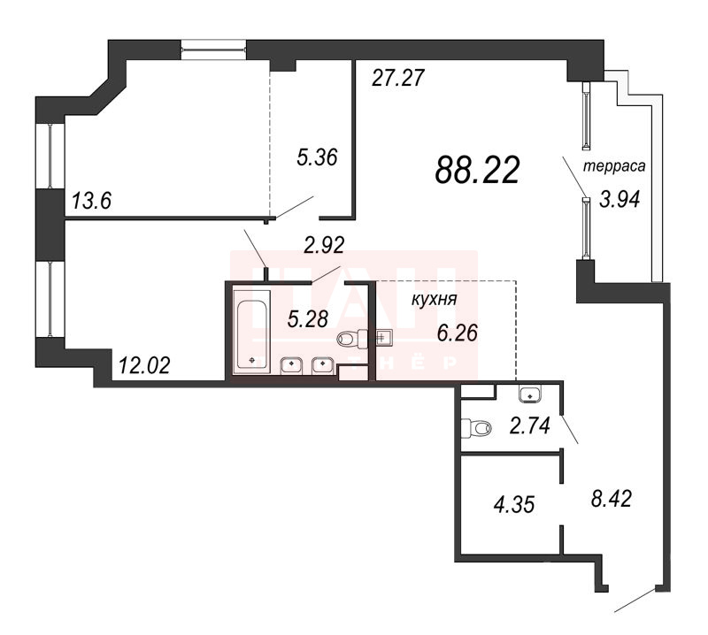 2-комнатная квартира  №214 в Alter: 89.4 м², этаж 11 - купить в Санкт-Петербурге