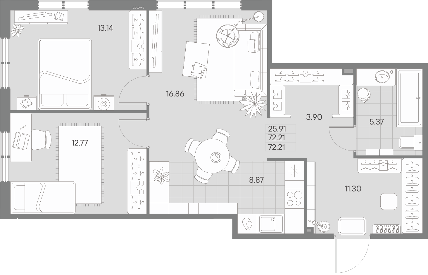 2-комнатная квартира  №49-2 в AMO: 72.21 м², этаж 1 - купить в Санкт-Петербурге