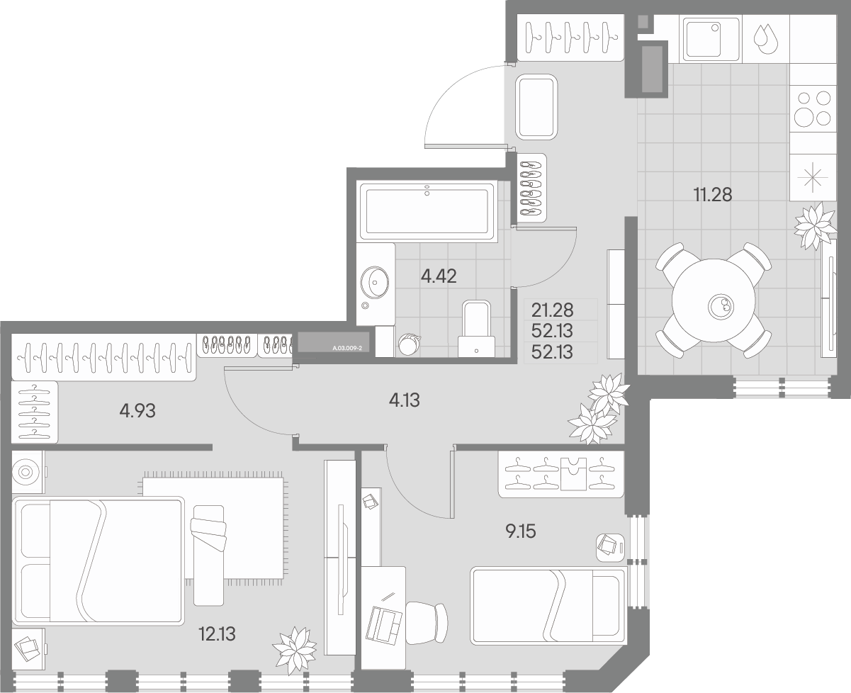2-комнатная квартира  №9-2 в AMO: 52.13 м², этаж 3 - купить в Санкт-Петербурге