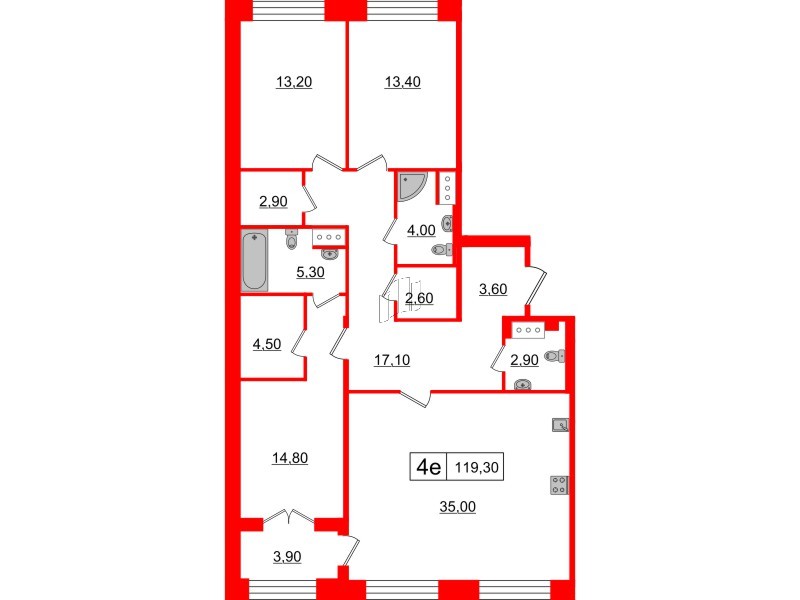 3-комнатная квартира  №216 в The One: 119.3 м², этаж 3 - купить в Санкт-Петербурге