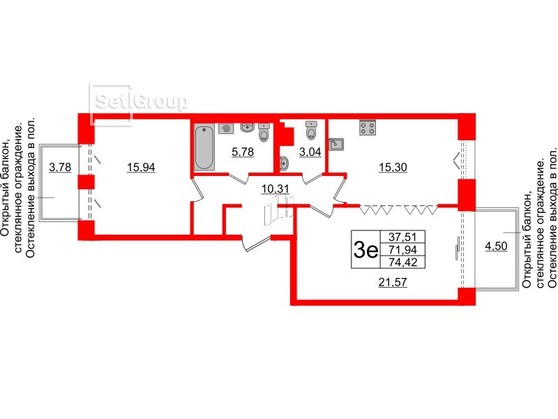 2-комнатная квартира  №34 в Черная речка, 41: 71.94 м², этаж 4 - купить в Санкт-Петербурге