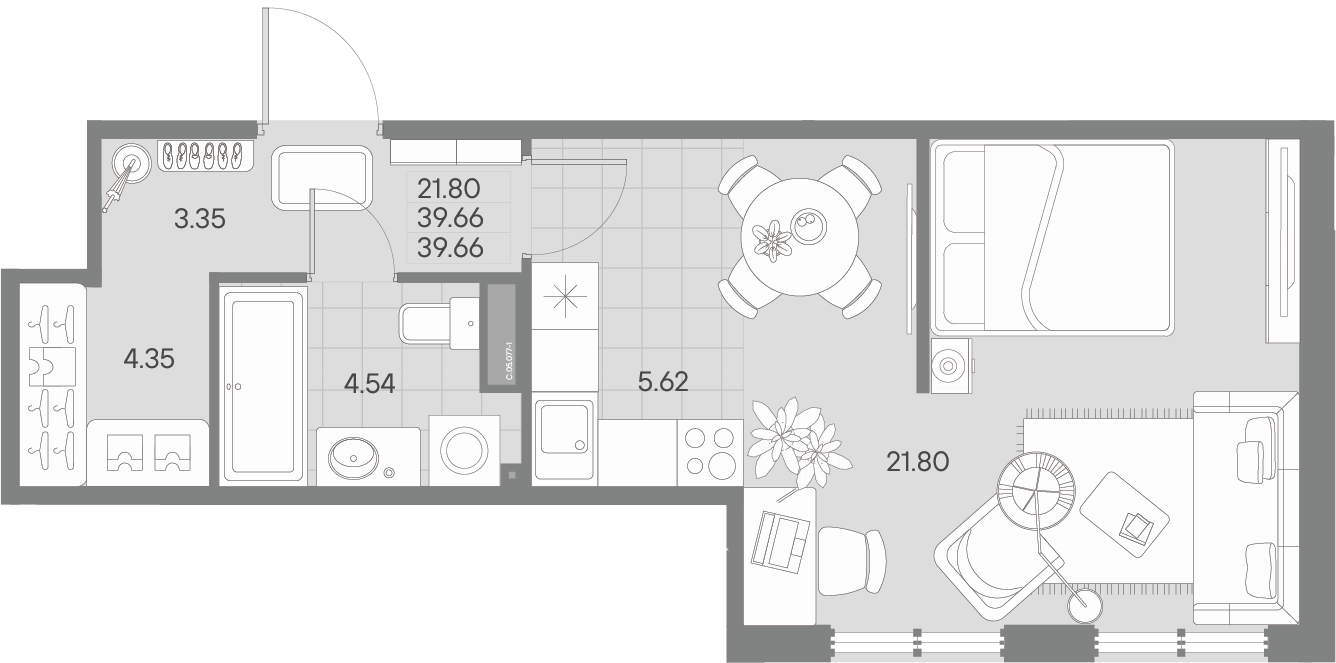 1-комнатная квартира  №77-1 в AMO: 39.66 м², этаж 5 - купить в Санкт-Петербурге