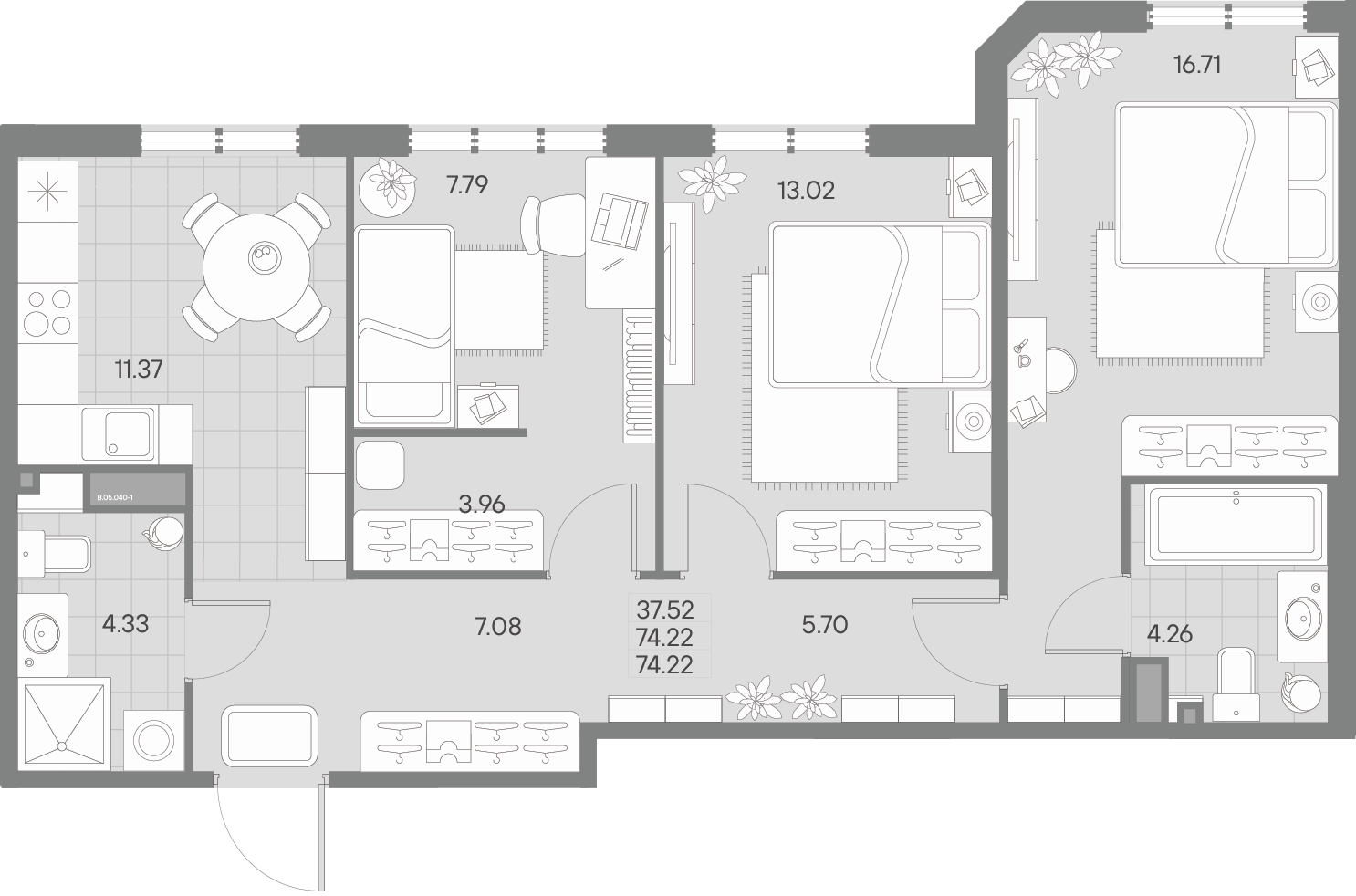 3-комнатная квартира  №40-1 в AMO: 74.22 м², этаж 5 - купить в Санкт-Петербурге
