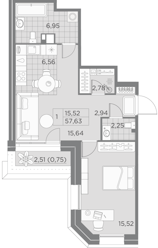 1-комнатная квартира  №87-2 в Akzent: 57.63 м², этаж 9 - купить в Санкт-Петербурге