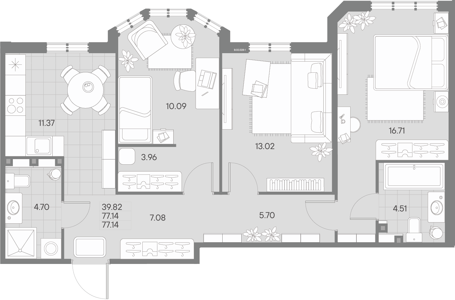 3-комнатная квартира  №28-1 в AMO: 77.14 м², этаж 2 - купить в Санкт-Петербурге