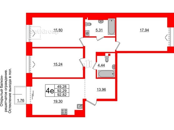 3-комнатная квартира, 92.29 м²; этаж: 7 - купить в Санкт-Петербурге