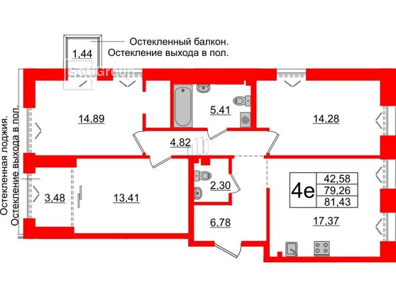 3-комнатная квартира  №276 в Imperial club: 79.26 м², этаж 2 - купить в Санкт-Петербурге