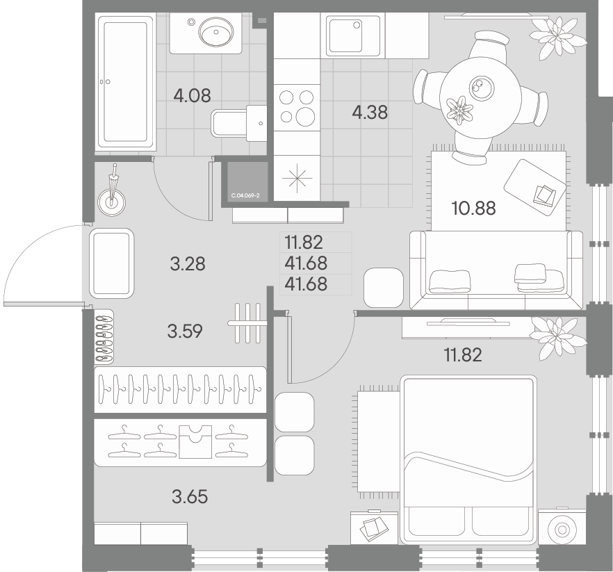 1-комнатная квартира  №69-2 в AMO: 41.68 м², этаж 4 - купить в Санкт-Петербурге