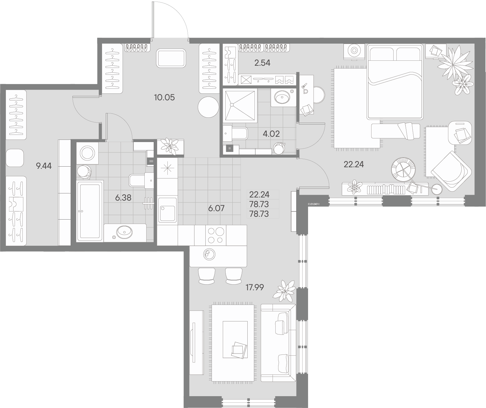 1-комнатная квартира  №47-1 в Черная речка, 41: 78.73 м², этаж 1 - купить в Санкт-Петербурге