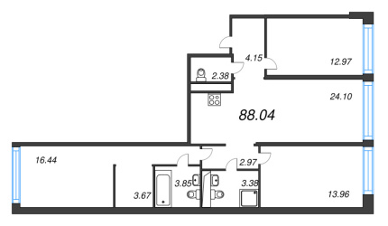 3-комнатная квартира  №34 в Avant: 88.04 м², этаж 4 - купить в Санкт-Петербурге