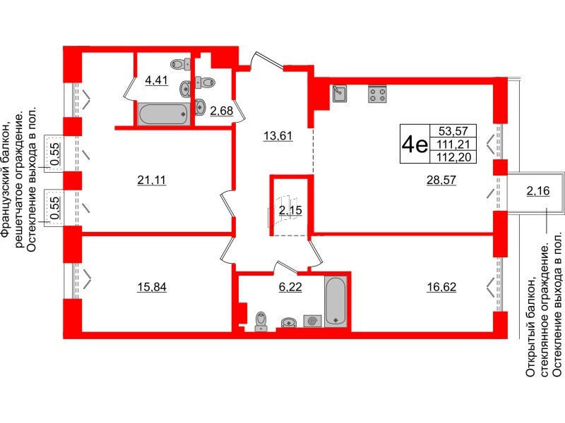 3-комнатная квартира  №342 в Imperial club: 111.21 м², этаж 6 - купить в Санкт-Петербурге