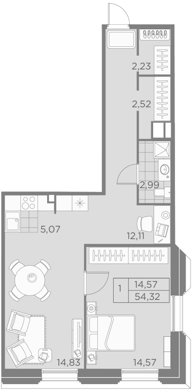 1-комнатная квартира  №23-2 в Akzent: 54.32 м², этаж 5 - купить в Санкт-Петербурге