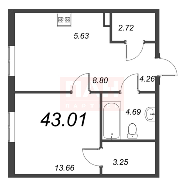 1-комнатная квартира  №22 в AMO: 44.7 м², этаж 5 - купить в Санкт-Петербурге