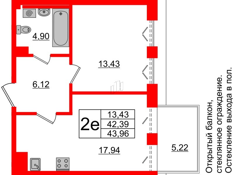 1-комнатная квартира  №341 в Черная речка, 41: 42.39 м², этаж 6 - купить в Санкт-Петербурге