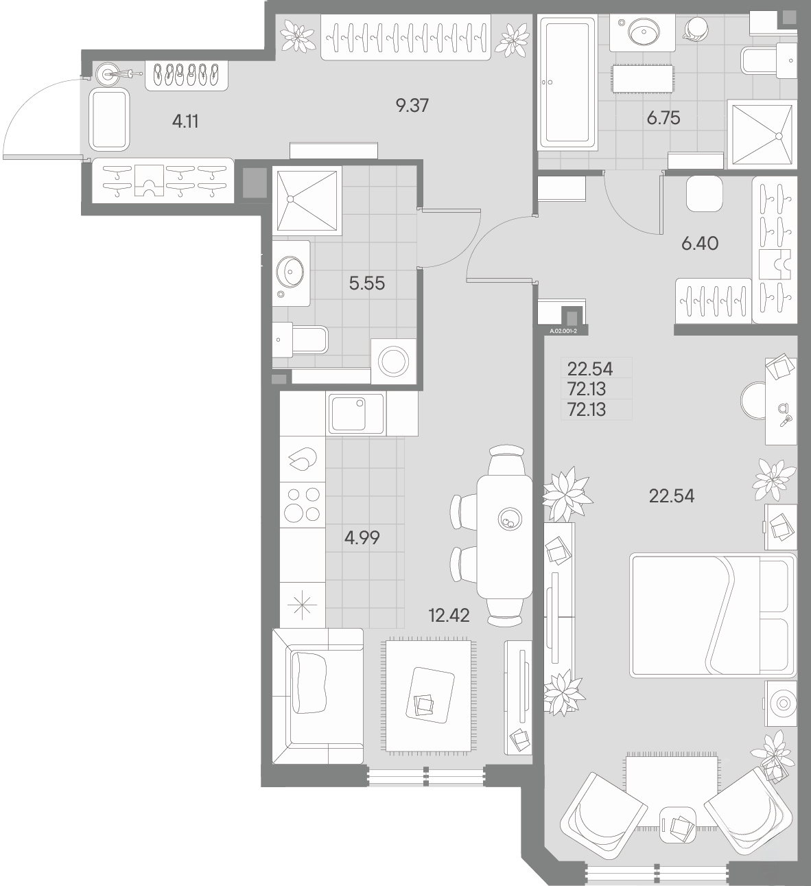 1-комнатная квартира  №1-2 в AMO: 72.13 м², этаж 2 - купить в Санкт-Петербурге