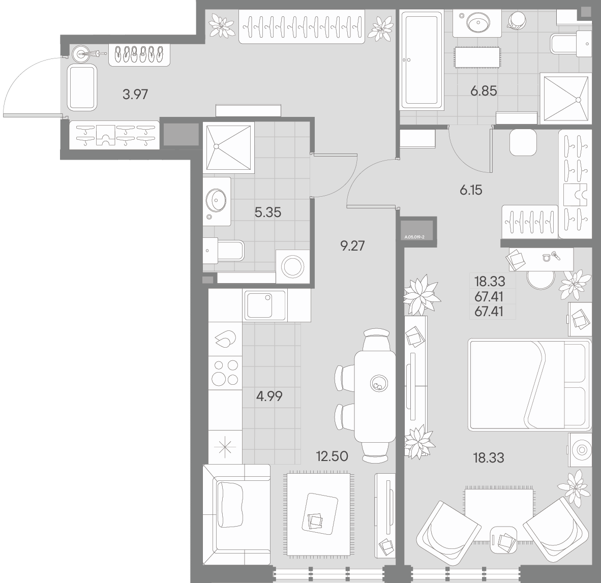 1-комнатная квартира  №19-2 в AMO: 67.41 м², этаж 5 - купить в Санкт-Петербурге
