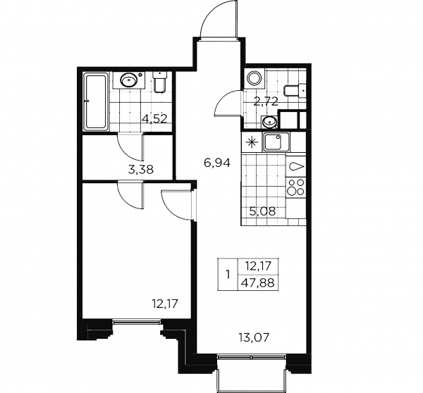 1-комнатная квартира  №40 в Akzent: 48.16 м², этаж 8 - купить в Санкт-Петербурге