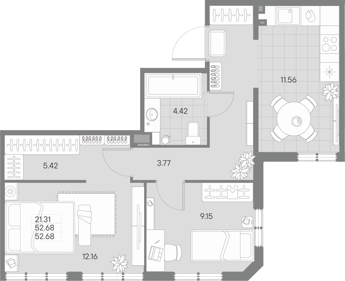 2-комнатная квартира  №3-2 в AMO: 52.68 м², этаж 2 - купить в Санкт-Петербурге