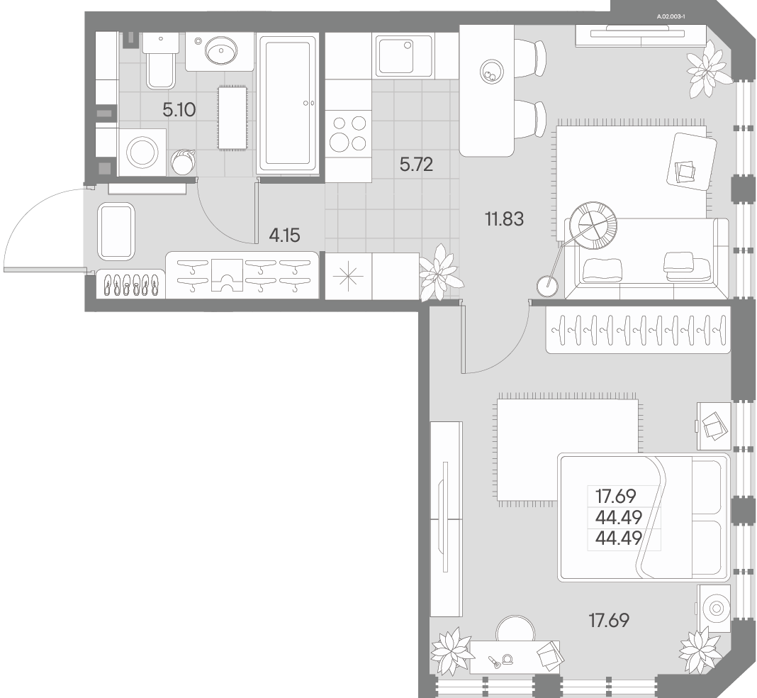 1-комнатная квартира  №3-1 в AMO: 44.49 м², этаж 2 - купить в Санкт-Петербурге