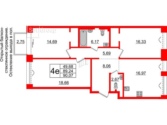 3-комнатная квартира, 89.24 м²; этаж: 2 - купить в Санкт-Петербурге