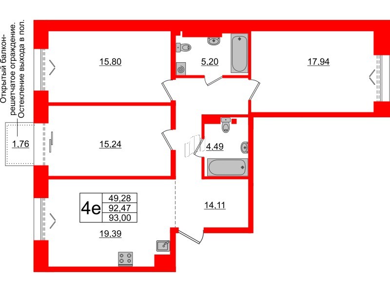 3-комнатная квартира  №233 в Imperial club: 92.47 м², этаж 6 - купить в Санкт-Петербурге