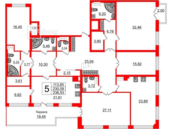 5-комнатная квартира  №108 в Петровский Квартал на воде: 231.7 м², этаж 7 - купить в Санкт-Петербурге