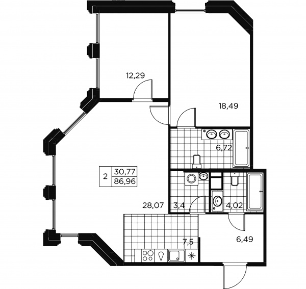 2-комнатная квартира  №42 в Akzent: 87.34 м², этаж 8 - купить в Санкт-Петербурге