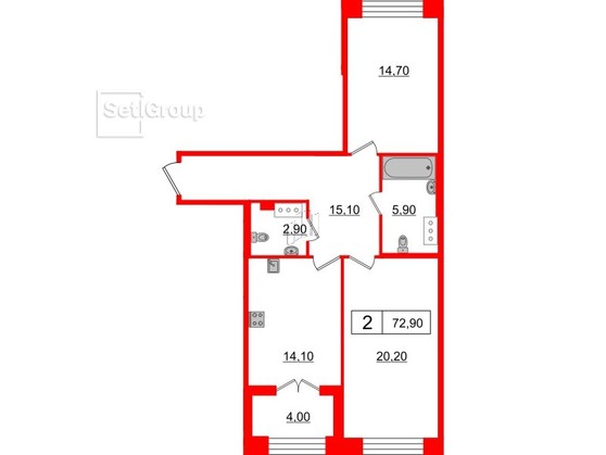 2-комнатная квартира  №176 в The One: 72.9 м², этаж 3 - купить в Санкт-Петербурге